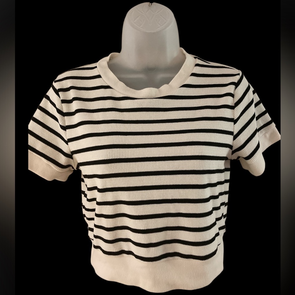 EUC Large Atelier cropped cream and black striped short sleeve top